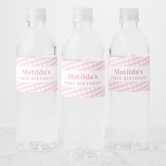 KINDER PARTIJ gingham patroon meisje bleek roze Waterfles Etiket (Flessen)