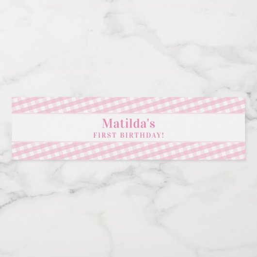 KINDER PARTIJ  gingham patroon meisje bleek roze Waterfles Etiket (Enkel label)