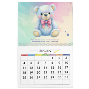 Kinder Party Planner Pastel Teddy Bear QR Code Log Kalender