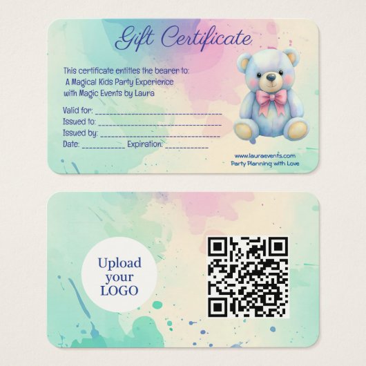 Kinder Party Planner Pastel Teddy Bear QR Code Log Visitekaartje (Voorkant /achterkant)