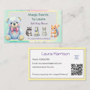 Kinder Party Planner Pastel Teddy Bear QR Code Log Visitekaartje
