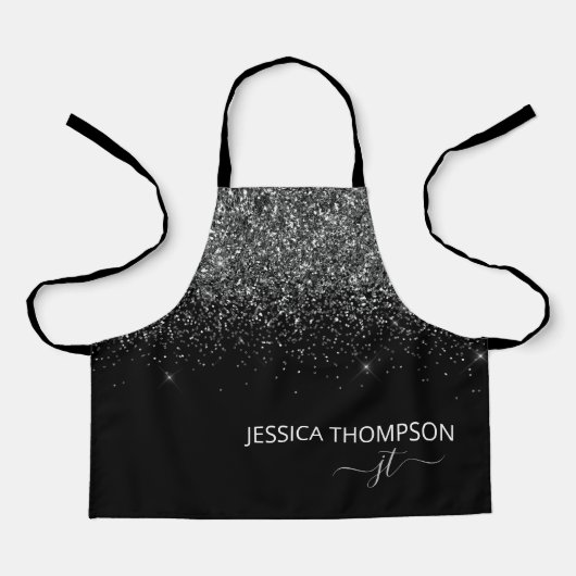 Kinder persoonlijke zwarte glitter-monogram naam schort (Voorkant)