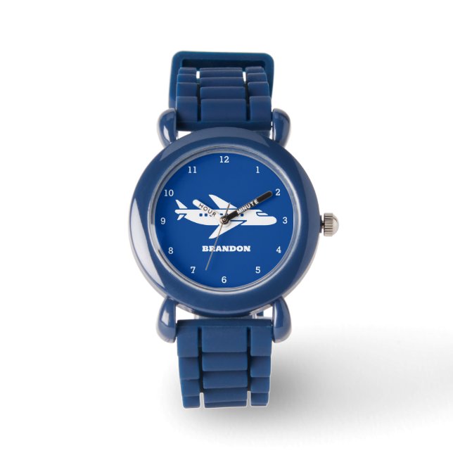 Kinder Plane Boys Blauw Aangepaste Naam Horloge (Voorkant)