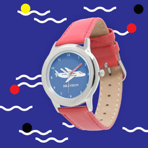 Kinder Plane Boys Blauw Aangepaste Naam Horloge
