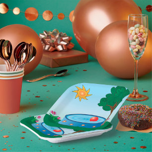 Kinder pool onder een boom papieren bordje