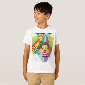 Kinder races op een regenboogschotel t-shirt (Voorkant volledig)