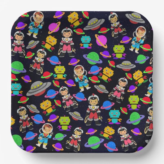 Kinder Retro Robots en Astronauten Papieren Bordje (Voorkant)