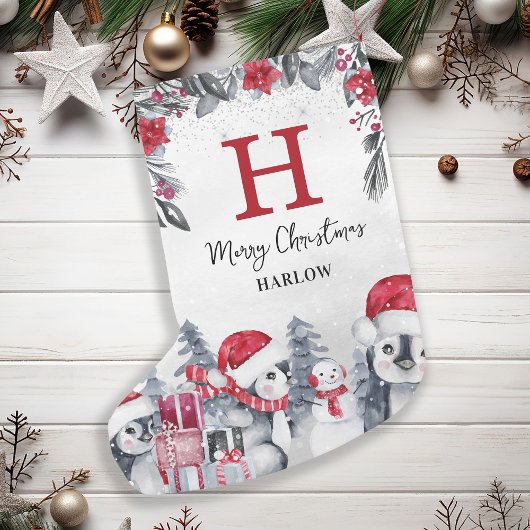 Kinder Rode Pinguïn Monogram Naam Kleine Kerstsok