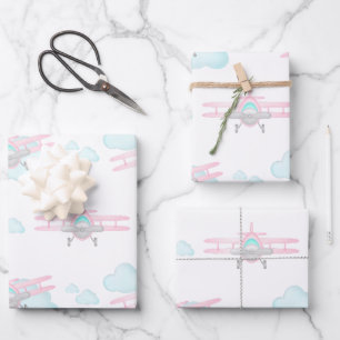Kinder Roze Vliegtuig Vliegende Luchtvaart Verjaar Inpakpapier Vel