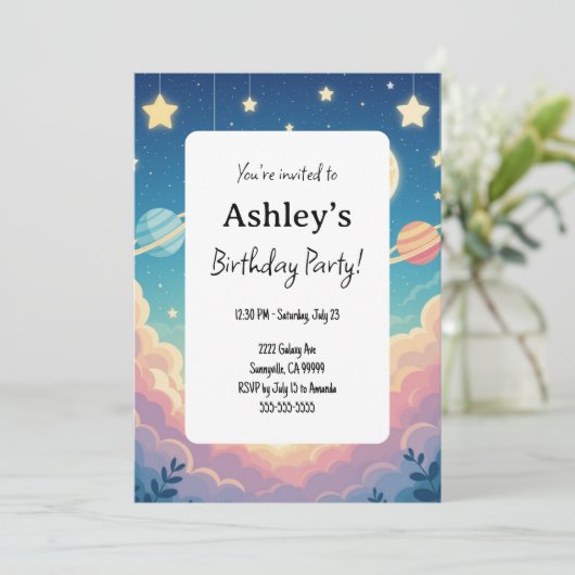 Kinder ruimte thema verjaardag partij kaart (Staand voorkant)