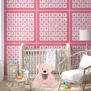 Kinder Schattige Roze Alfabet en Nummerpatroon Behang