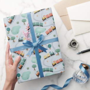 Kinder Schattigee Blauwe Treinreispatroon Jongens Cadeaupapier