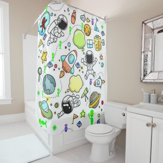 Kinder Shower Curtain Astronauts Aliens Space Douchegordijn (In situ)