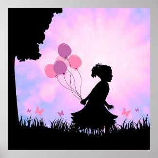 Kinder Silhouet Ballonnen Vlinders Muurkunst Poster