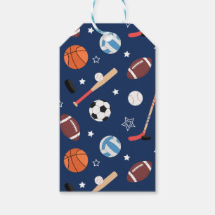 Kinder sportmateriaalpatroon op blauw cadeaulabel