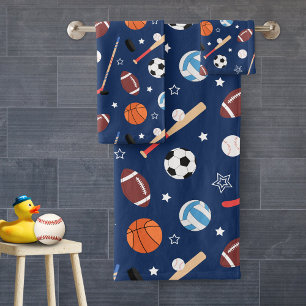 Kinder sportmateriaalpatroon op blauwe badkamer bad handdoek