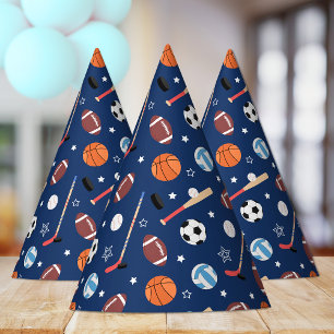 Kinder sportuitrustingspatroon op blauwe dag feesthoedjes