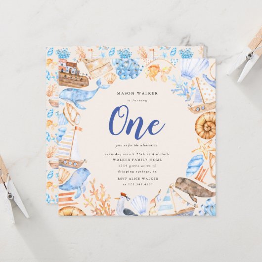 kinder strand eerste verjaardag uitnodiging (Voorkant / Achterkant in situ)