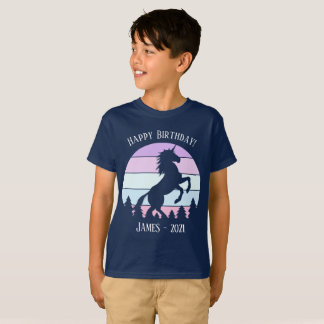 Kinder  Sunset Unicorn Naam Datum Verjaardag T-shirt