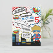 Kinder superheld Birthday Party Invitation Boy Her Kaart (Staand voorkant)