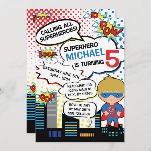 Kinder superheld Birthday Party Invitation Boy Her Kaart (Voorkant / Achterkant)