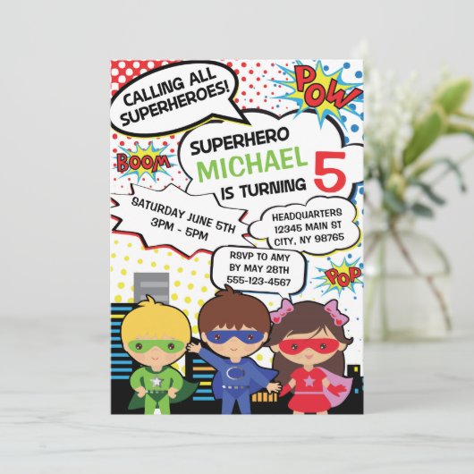 Kinder superheld Birthday Party Invite Boy Girl He Kaart (Staand voorkant)
