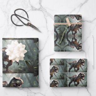 Kinder T-Rex loopt door oerwoud Inpakpapier Vel