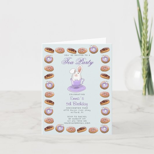 Kinder theepartijuitnodiging met bunny en donuts (Voorkant)