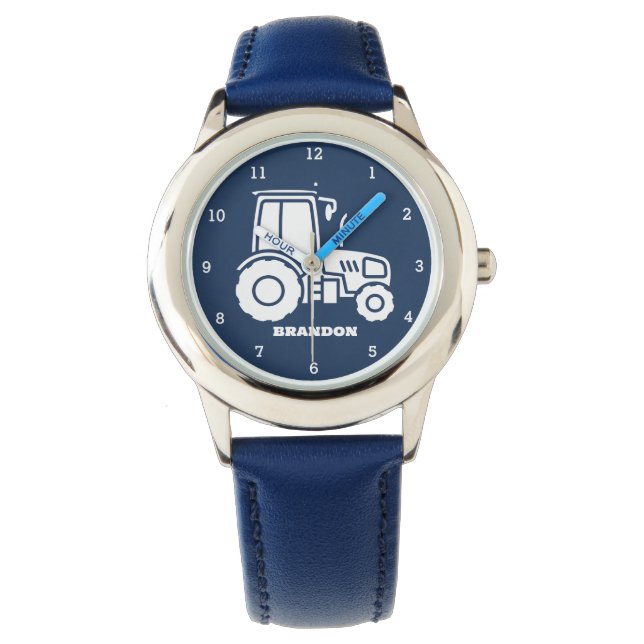 Kinder Tractor Boys Blauw Aangepaste Naam Horloge (Voorkant)