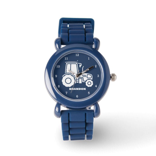 Kinder Tractor Boys Blauw Aangepaste Naam Horloge (Voorkant)