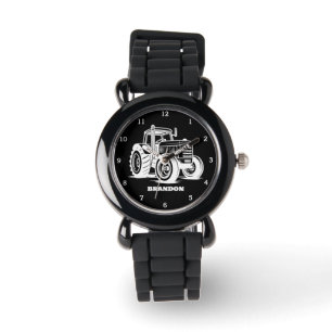 Kinder Tractor Boys Zwart Aangepaste Naam Horloge