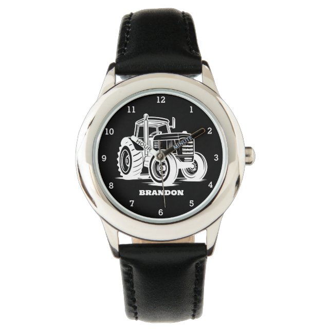 Kinder Tractor Boys Zwart Aangepaste Naam Horloge (Voorkant)