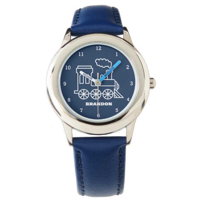 Kinder Treinjongens Blauw Aangepaste Naam Horloge (Voorkant)