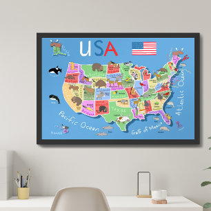 Kinder US Kaart Whimsical Cartoon Art Verenigde St Poster