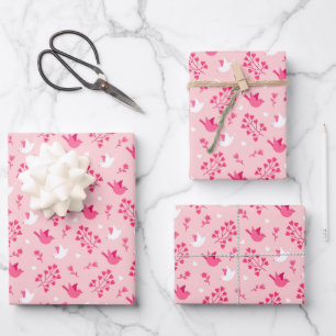 Kinder Valentijnsdag Roze & Witte Vogels Harten Inpakpapier Vel