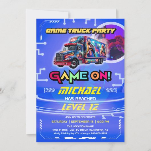 Kinder Video Game Vrachtwagen Verjaardagsfeest Kaart (Voorkant)