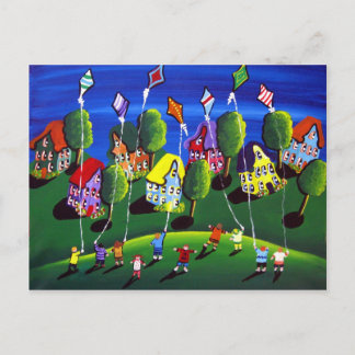 Kinder vliegende vliegers Folk Art Briefkaart