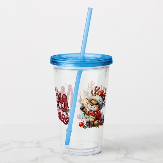 Kinder vrolijke kerstrendieren acryl drinkbeker (Achterkant)