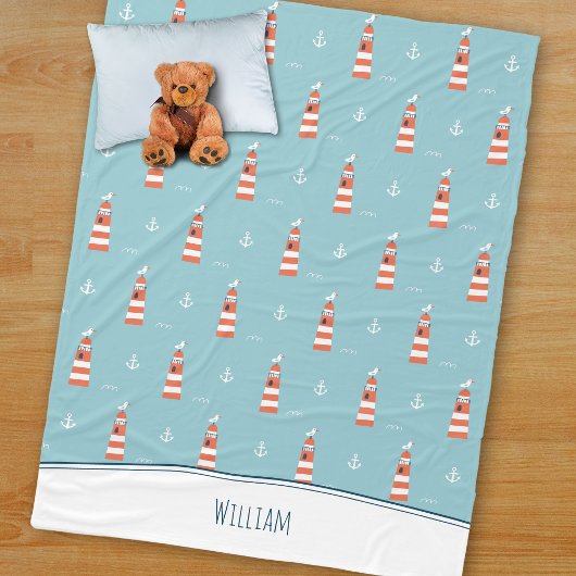 Kinder vuurtoren en ankerpatroon op blauw fleece deken