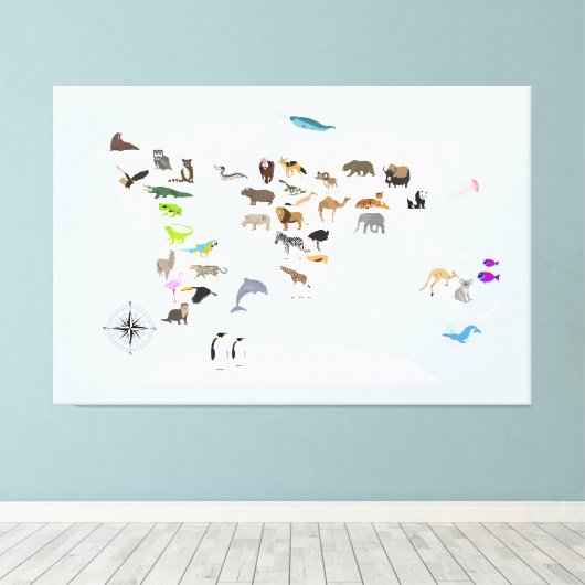 Kinder Wereldkaart dieren Canvas Afdruk (Insitu (Houten vloer))
