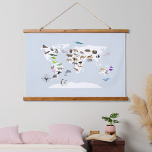 Kinder Wereldkaart dieren Hangend Wandkleed