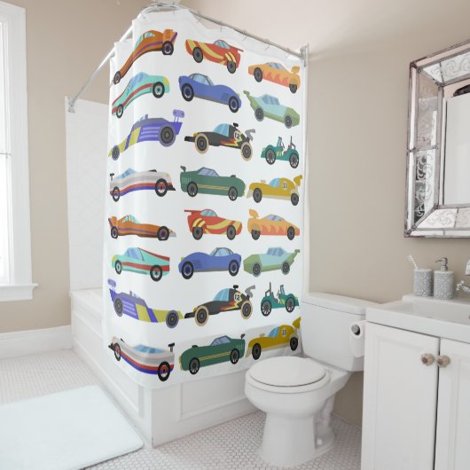 Kinder Wit Race Car Shower Curtain Douchegordijn (In situ)