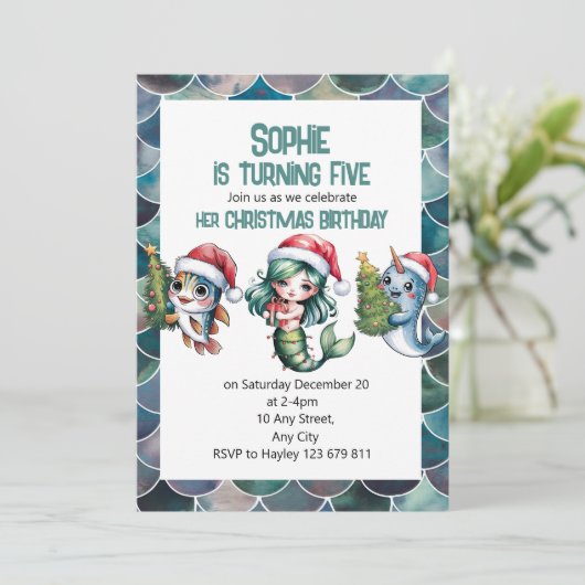 Kinder zeemeermin 5e kerst verjaardagsuitnodiging kaart (Staand voorkant)