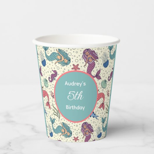 Kinder zeemeerminverjaardag papieren bekers (Voorkant)
