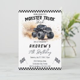 Kinder zwarte monstertrucks zijn jarig kaart