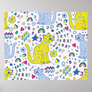 kinderachtig patroon met tijger, letters, regenbog poster