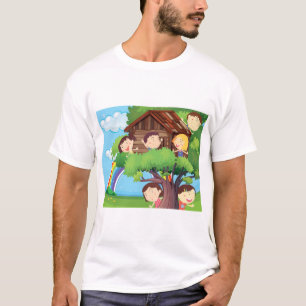 Kinderboomhut met Regenboog en Gelukkige Kinderen T-shirt