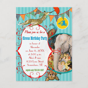 Kindercircus Elephant Peacock Giraffe Party Uitnodiging Briefkaart