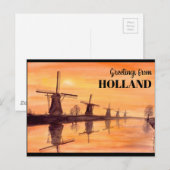 Kinderdijk Windmills Sunset - Waterverf Schilderen Briefkaart (Voorkant / Achterkant)