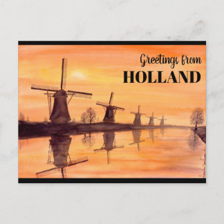 Kinderdijk Windmills Sunset - Waterverf Schilderen Briefkaart